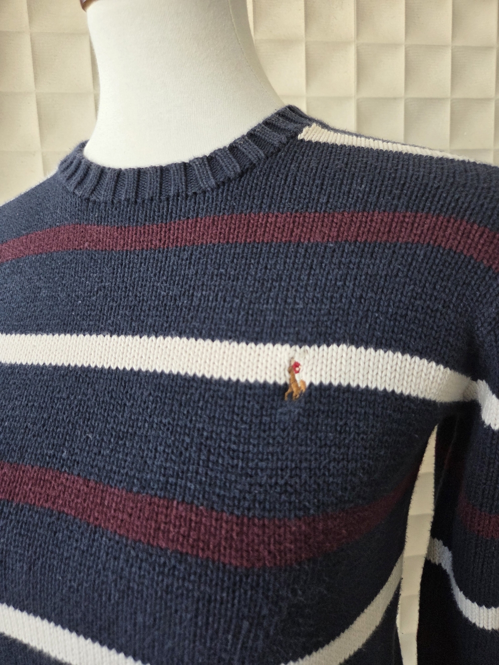 Vintage Polo Ralph Lauren 100% Cotton Sweater Preppy Navy Stripe Crewneck Medium - Picture 2 of 5